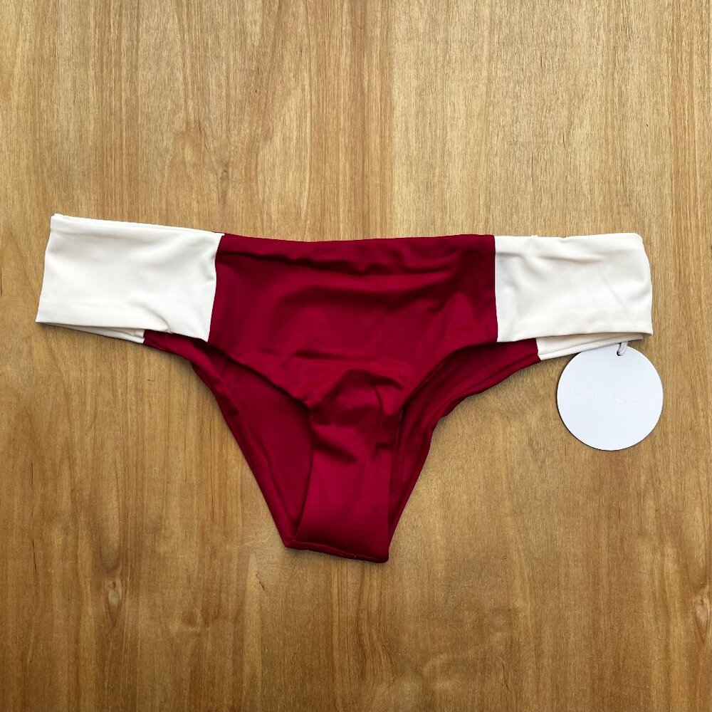 TORI PRAVER MACIE BOTTOM Women’s Burgundy White Lined Bikini Bottoms sz M NWT